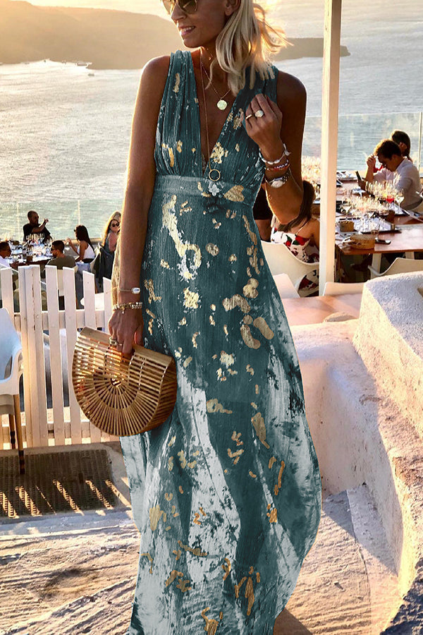 Jovita Aesthetic Long Dress with V Neck and Gold Sequins Chic Silhouette Collection