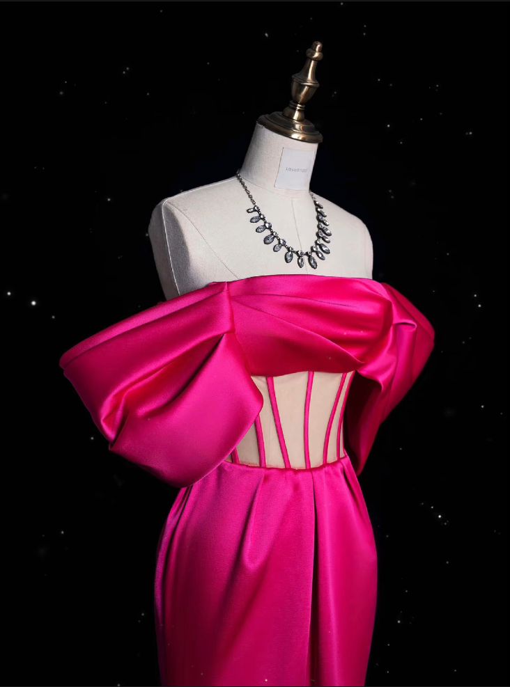 Sexy Mermaid Off The Shoulder Neckline Satin Pink Long Prom Dresses Party Dress