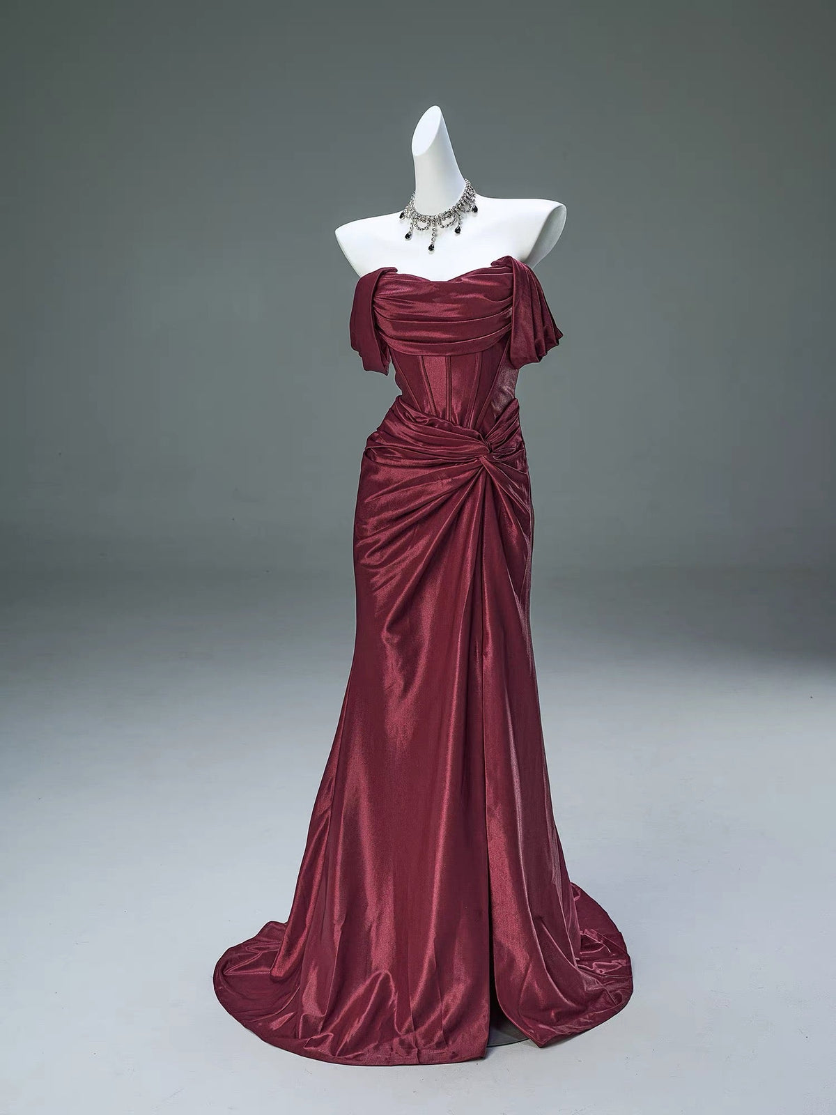 Off-the-Shoulder Burgundy Long Prom Dress Formal Evening Dress