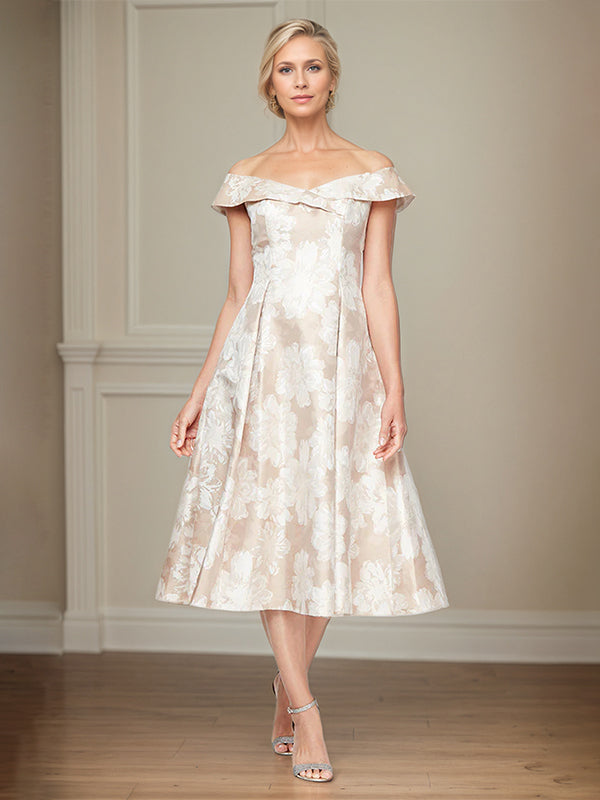 A-Line Off the Shoulder Champagne Satin Floral Mother of the Bride Dress