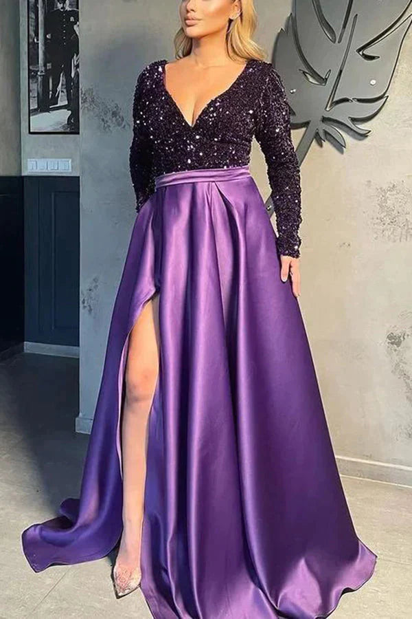 Gorgeous Long Sleeves V-Neck Sequins Satin Prom Dress - View 5 | VelvetHem