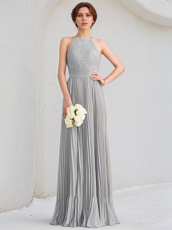 Silver A-Line Scoop Floor-Length Lace Chiffon Dresses With Pleated