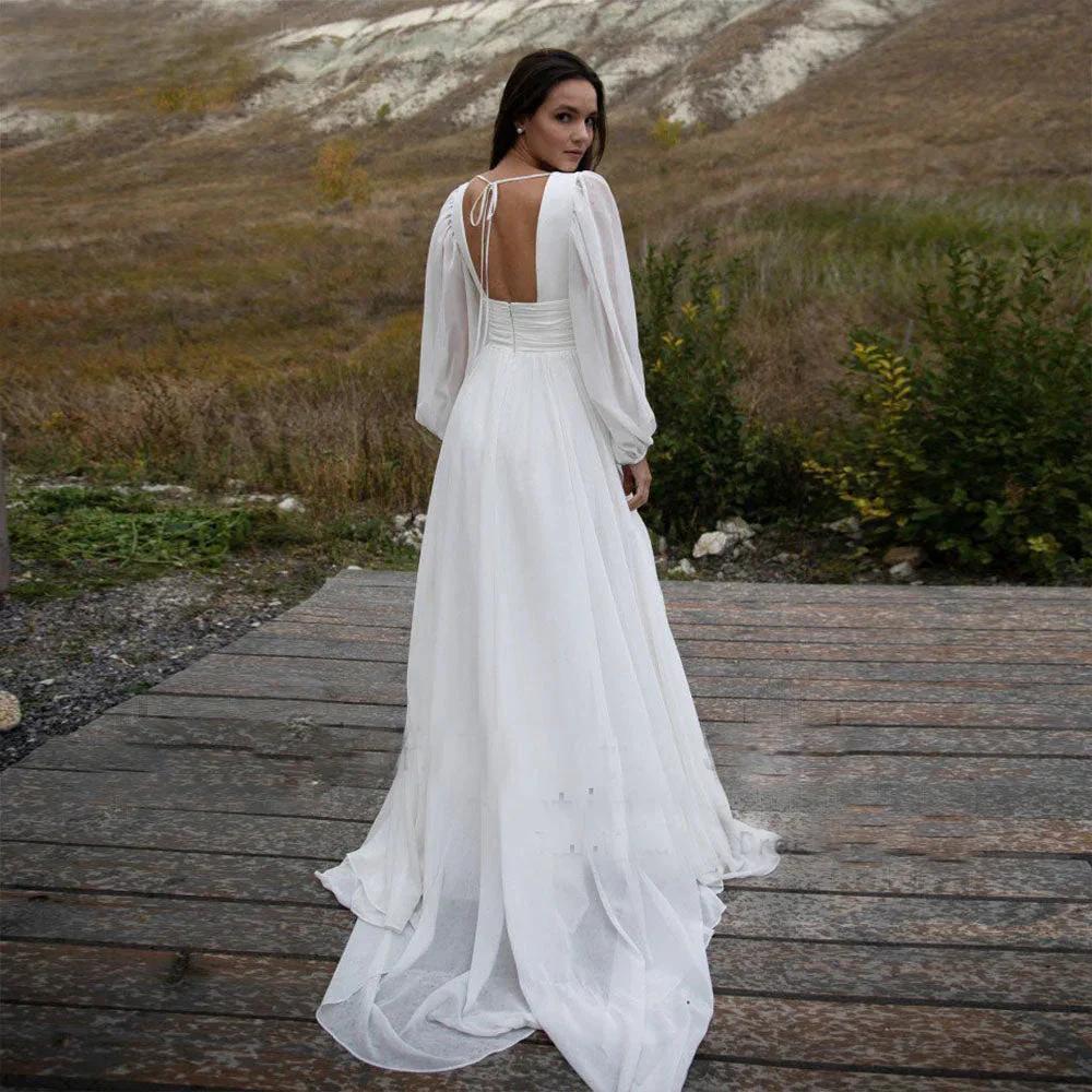 Simple Puff Sleeve Wedding Dress Bridal Long A Line Backless Beach Bride Gown Sweep Train Chiffon Robe De Mariée Vestidos (ZD13344)