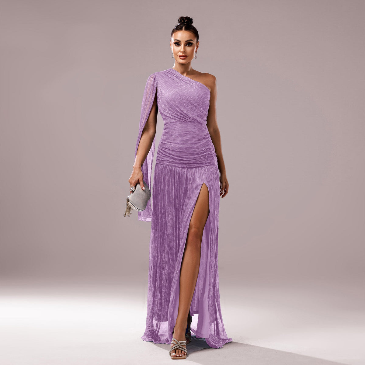 One-Shoulder Long Sleeve Slit Gown - Elegant Evening Dress - View 5 | VelvetHem