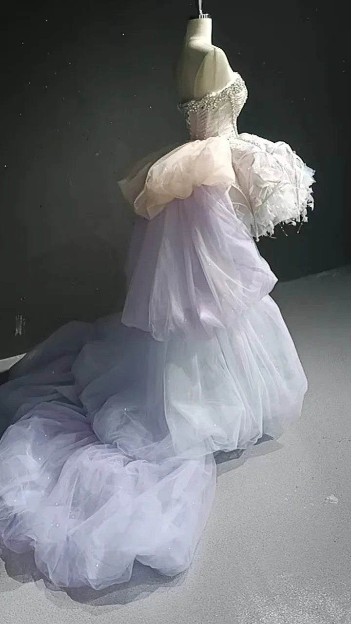 Starry veil feather crystal embellished flower bud dress (ZD16771)