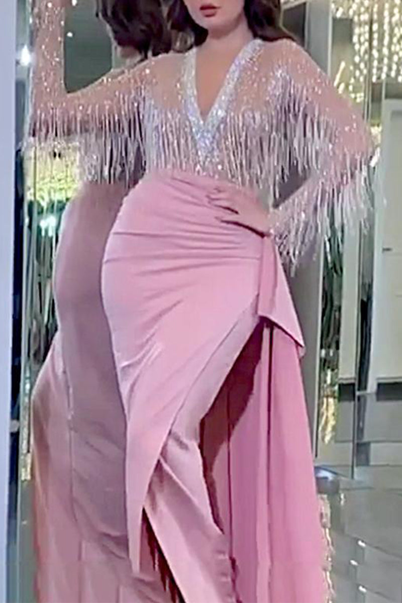 Sexy Elegant Bronzing Tassel V Neck Evening Dress Dresses - View 2 | VelvetHem