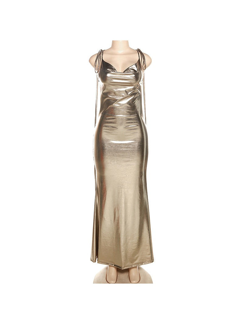 Metallic Coated Deep Neck Backless Evening Dress - View 14 | VelvetHem