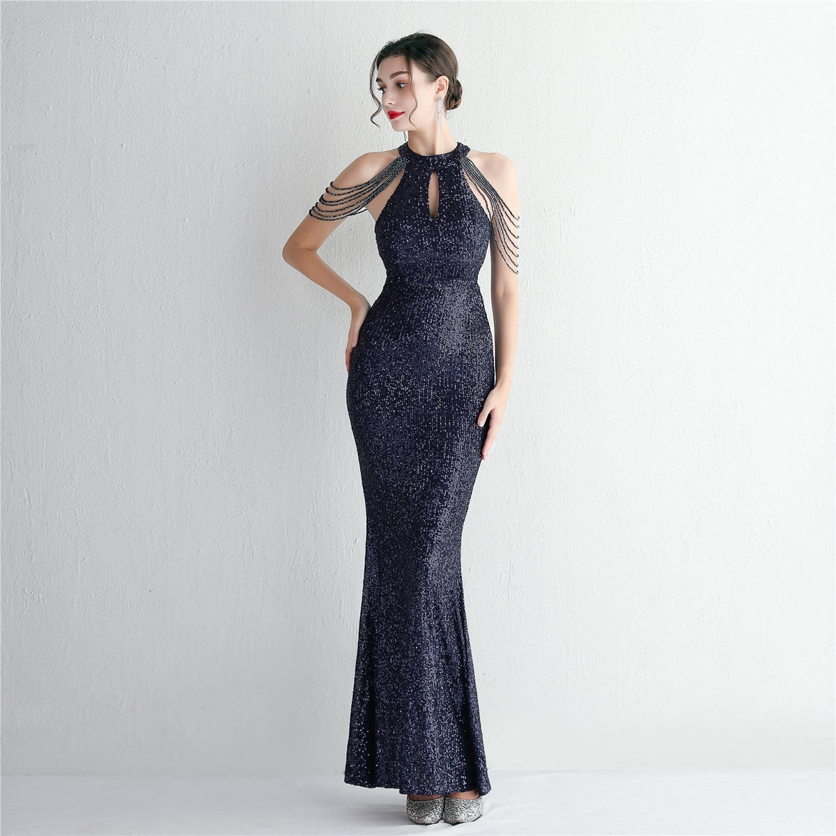 Sequined Craft Beading Cocktail Evening Dress Elegant Long Halter Slim Fit Fishtail - View 6 | VelvetHem