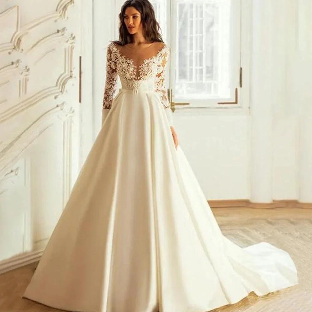 Elegant Wedding Dresses Long Sleeves For Women Princess A Line Bridal Gowns Custom Made Lace Appliques Satin Robe De Mariee by payinti