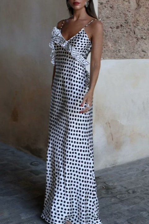 Polka-Dot Tiered Trim Satin Silk Dress - View 2 | VelvetHem