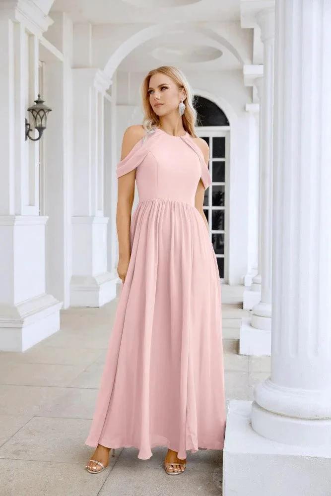 Ladies Chiffon Off Shoulder Swing Sleeve Front Slit Bridesmaid Evening Dress Wedding Party Evening Dress 28117 by numbersea