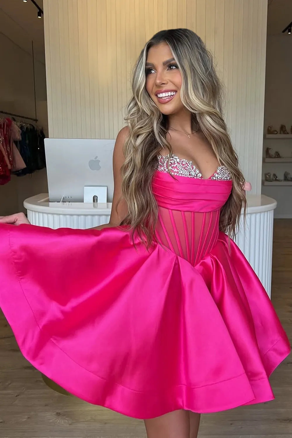 Princess A Line Sweetheart Fuchsia Corset Homecoming Dress with Beading