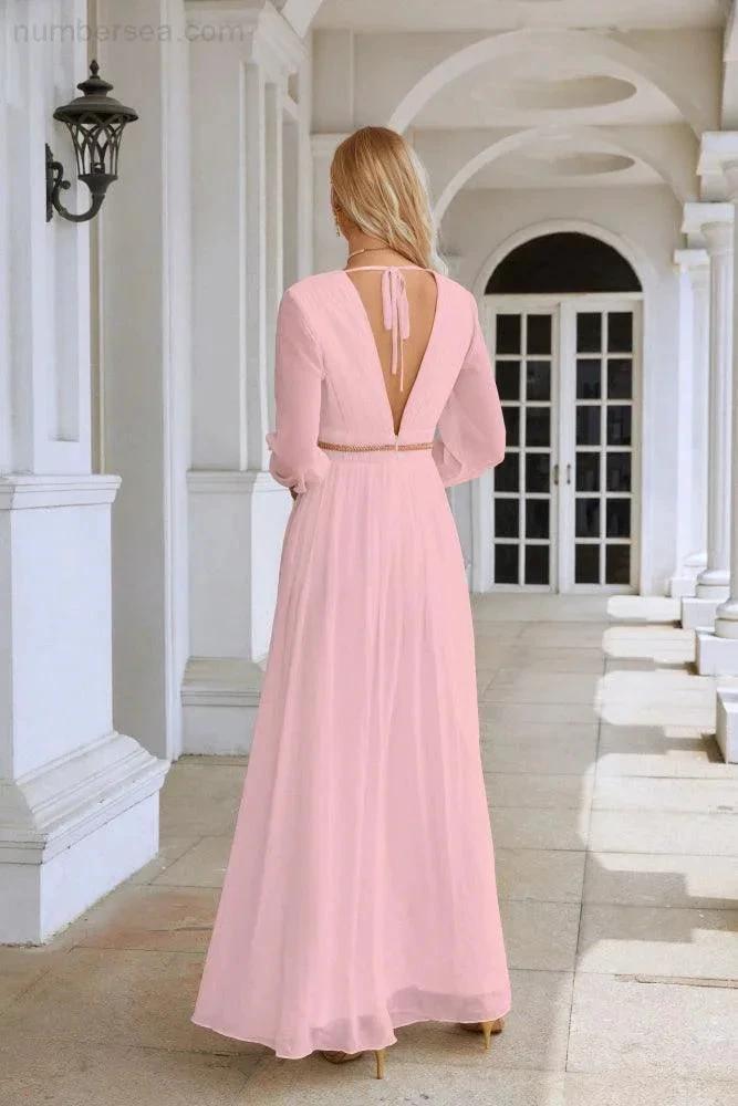 Ladies V Neck Chiffon Long Sleeve Front Slit Bridesmaid Evening Dress Wedding Party Shopping Evening Dress 28109 (ZD16991)