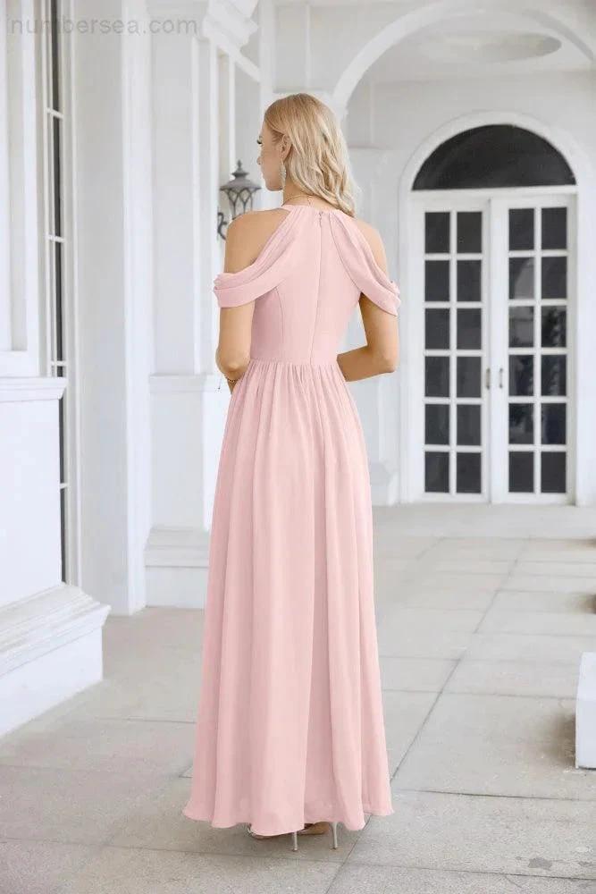 Ladies Chiffon Off Shoulder Swing Sleeve Front Slit Bridesmaid Evening Dress Wedding Party Evening Dress 28117 (ZD17011)