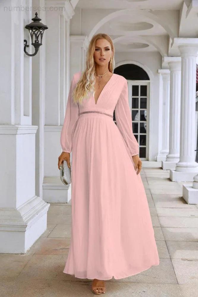 Ladies V Neck Chiffon Long Sleeve Front Slit Bridesmaid Evening Dress Wedding Party Shopping Evening Dress 28109 (ZD16991)