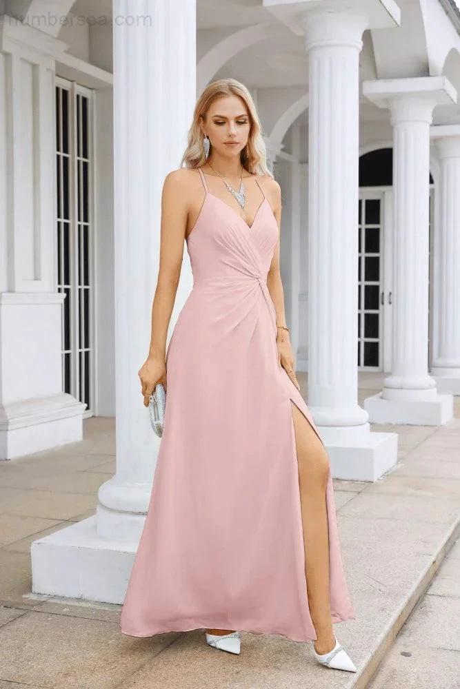 Ladies Chiffon Spaghetti Strap V Neck Front Slit Floor Length Bridesmaid Evening Dress Prom Party Wedding Evening Dress 28116 (ZD17012)