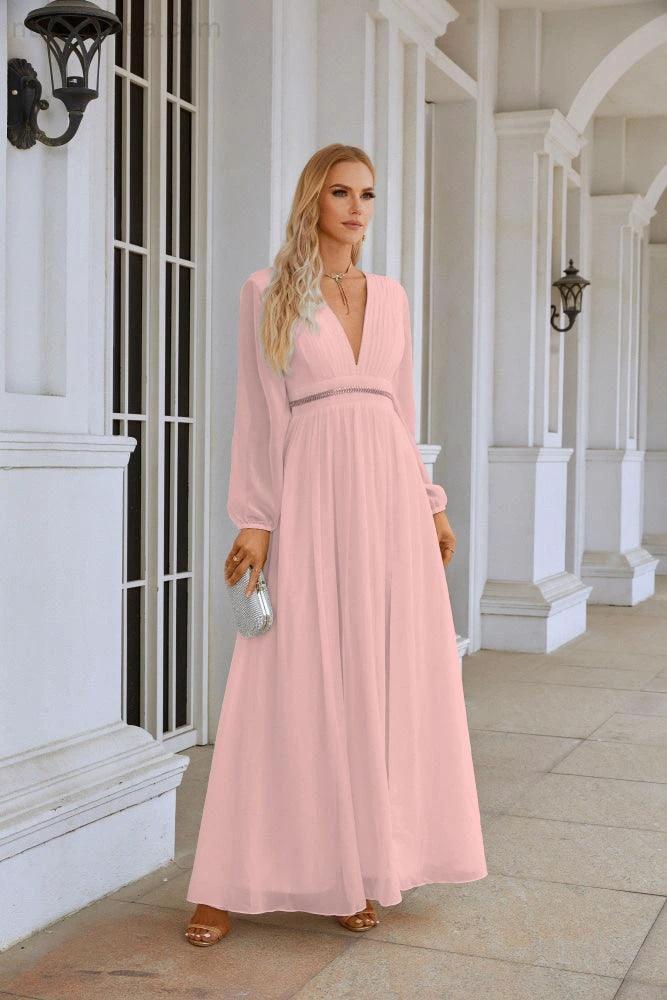 Ladies V Neck Chiffon Long Sleeve Front Slit Bridesmaid Evening Dress Wedding Party Shopping Evening Dress 28109 (ZD16991)