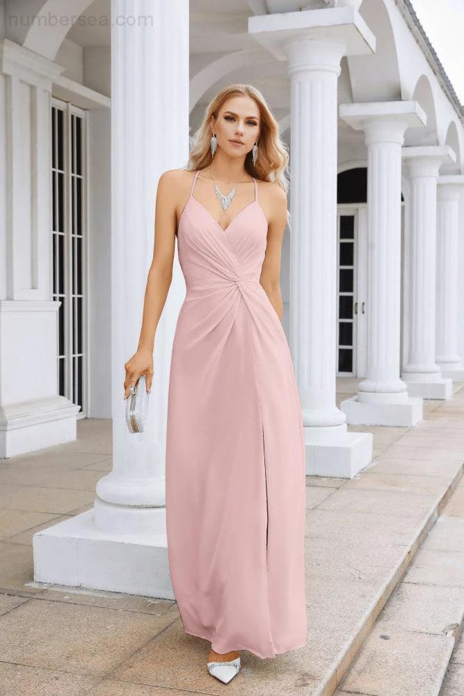 Ladies Chiffon Spaghetti Strap V Neck Front Slit Floor Length Bridesmaid Evening Dress Prom Party Wedding Evening Dress 28116 (ZD17012)