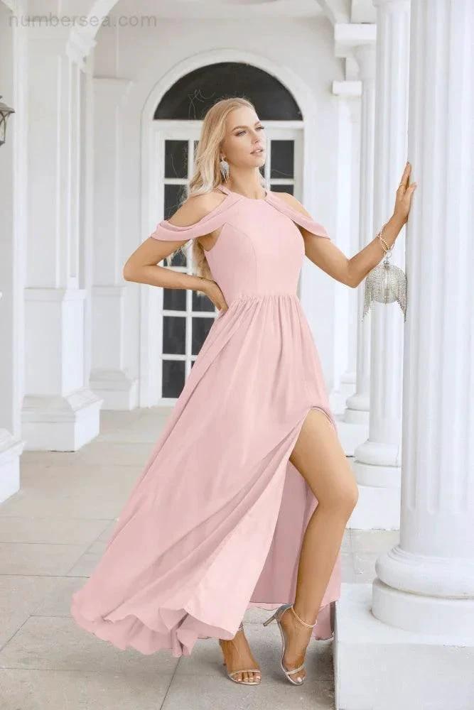 Ladies Chiffon Off Shoulder Swing Sleeve Front Slit Bridesmaid Evening Dress Wedding Party Evening Dress 28117 (ZD17011)