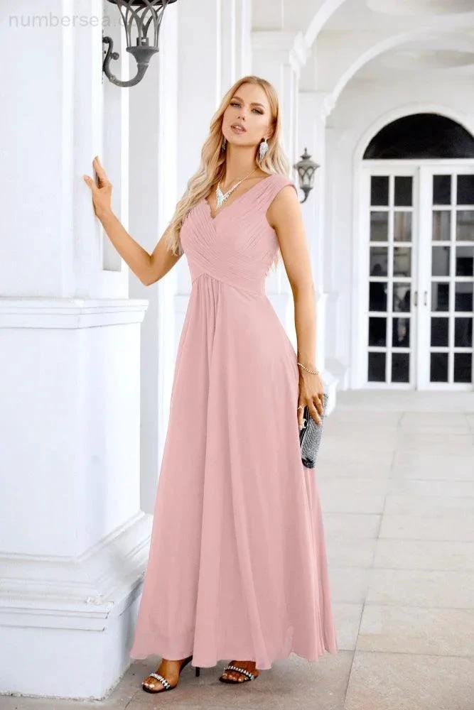 Ladies Chiffon V Neck Sleeveless Floor Length Bridesmaid Evening Dress Wedding Party Evening Dress 28126 (ZD16989)