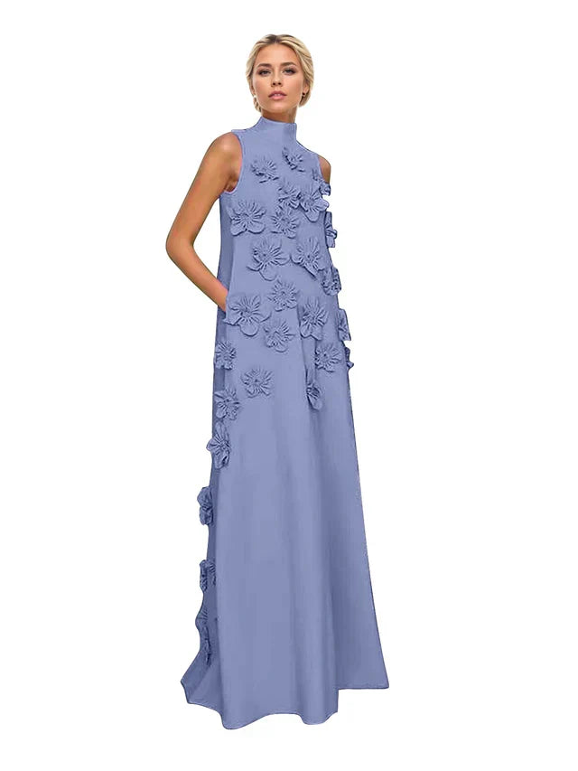 A Line High Neck Sleeveless Floor Length Stretch Crepe Dress With 3D Flowers