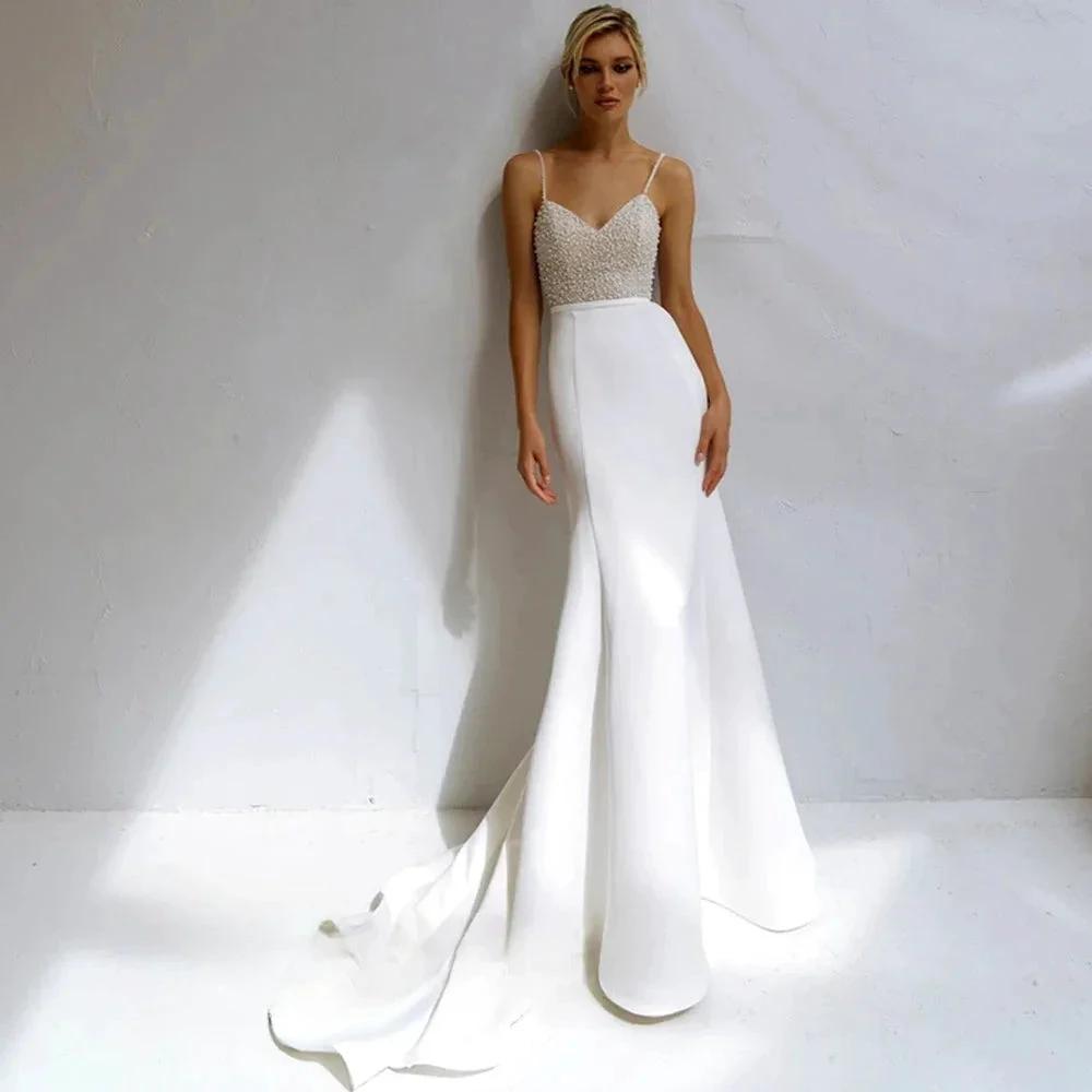 Shinning Sheath Pearl Wedding Dresses Spaghetti Strap Satiin Beads V-Neck For Women Robe De Mariée Formal Brides Gown (ZD13381)