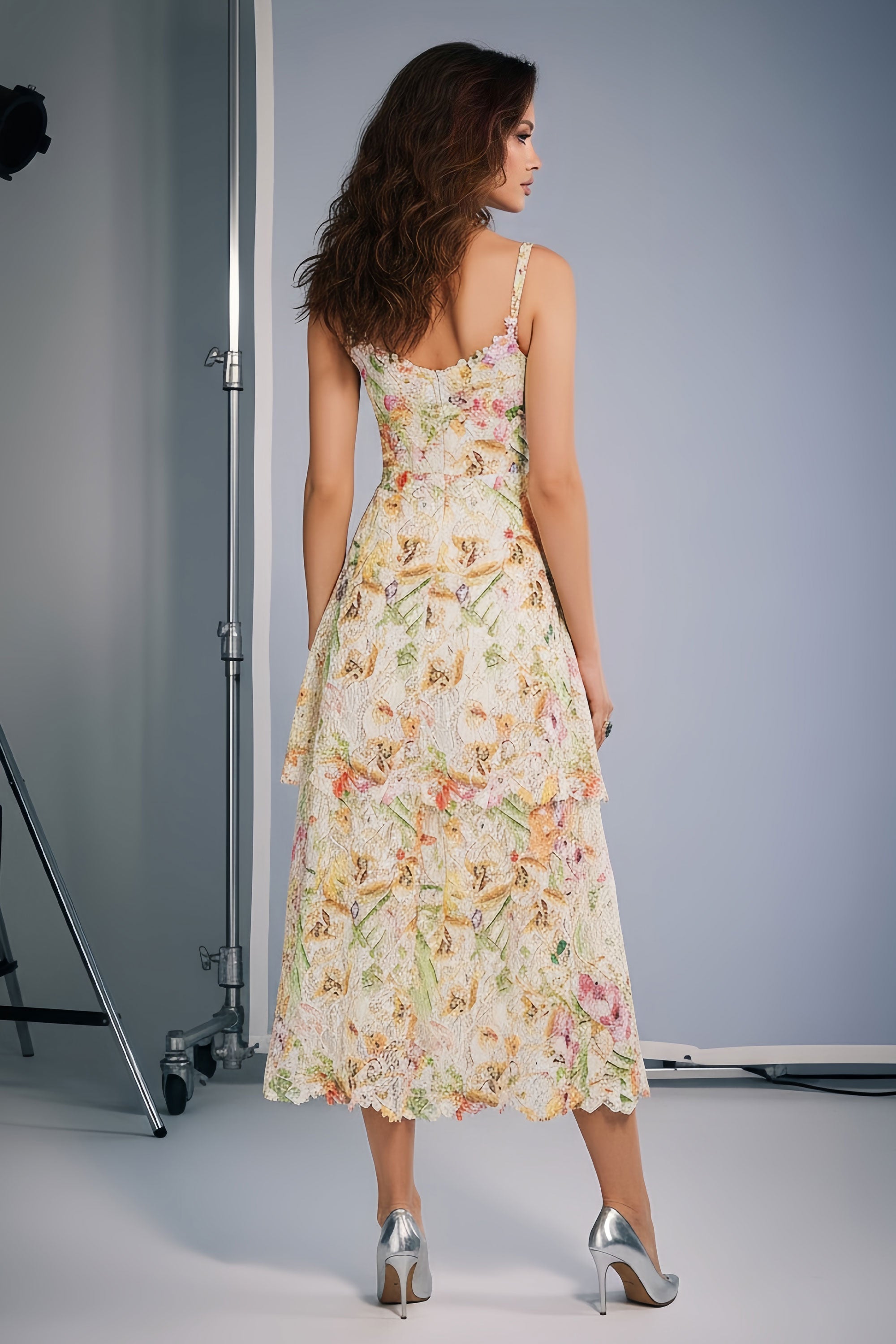 Elegant Floral Lace Camisole Midi Dress with Tiered Skirt