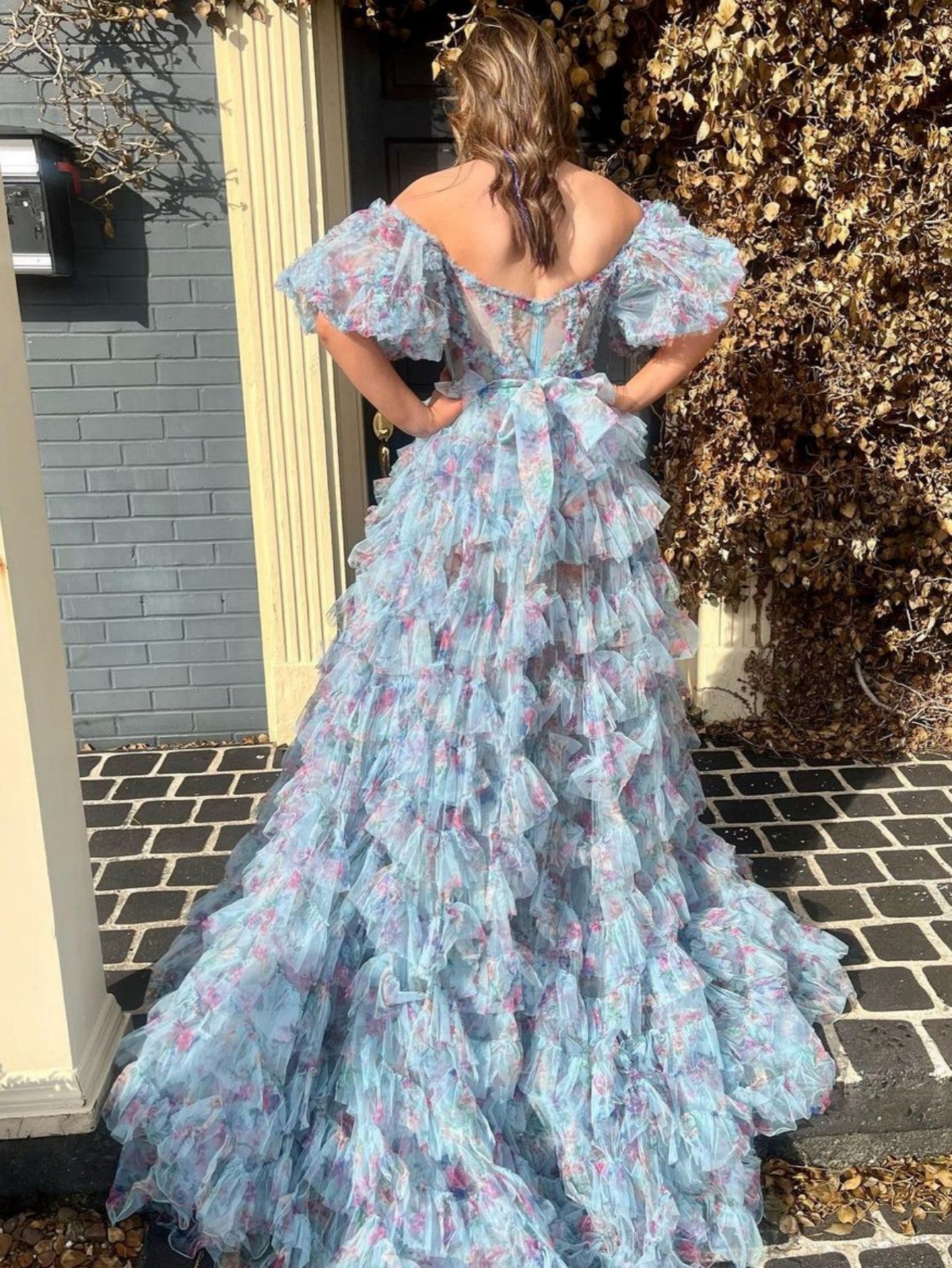 A Line Blue Floral Strapless Tulle Long Prom Dress With Slit - Fashionpara