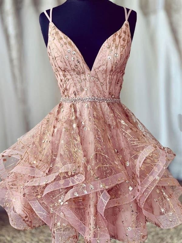 A-Line V-Neck Short Lace Homecoming Dress