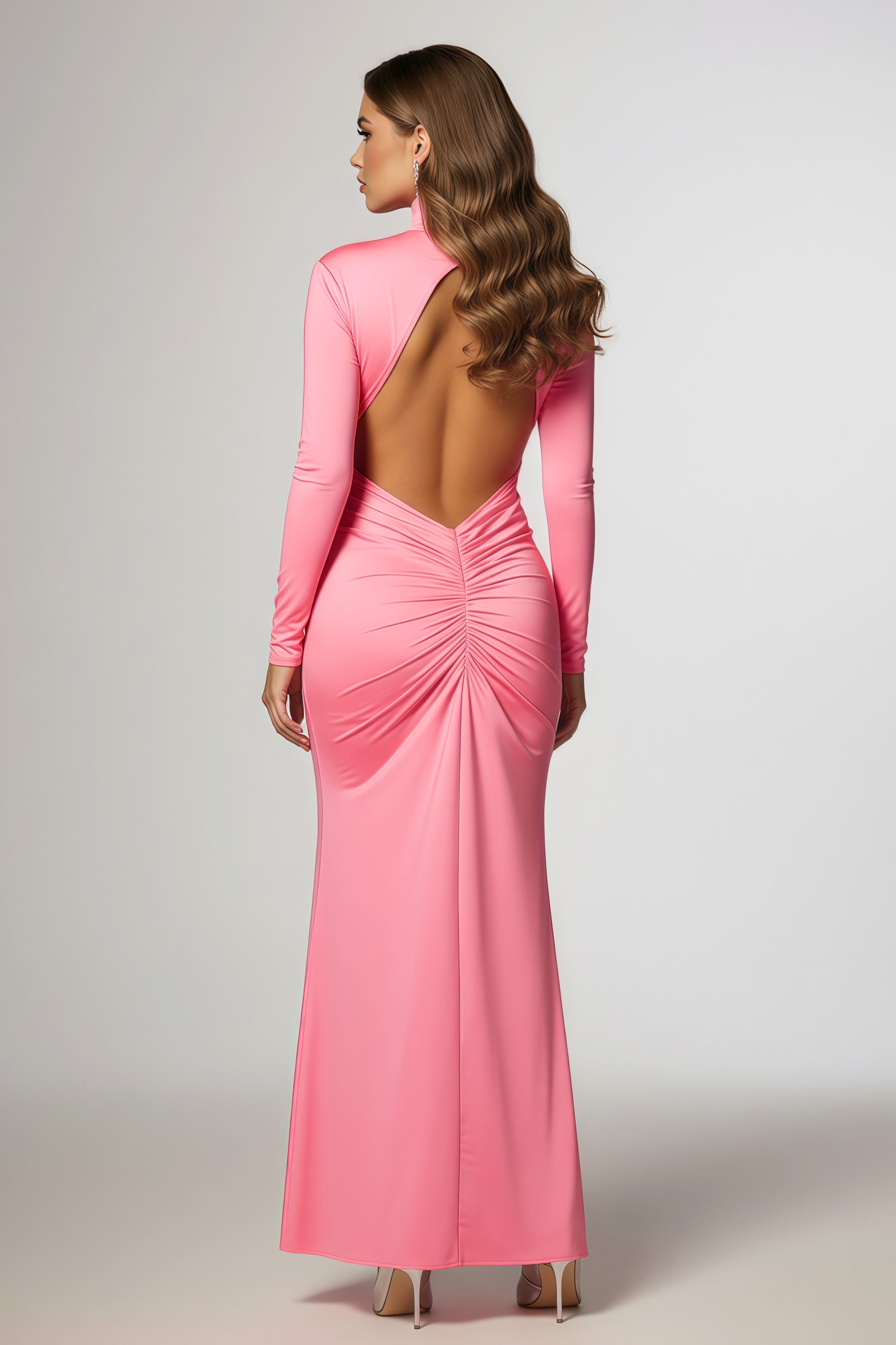 Elegant High-Neck Long-Sleeve Bodycon Gown with Open Back