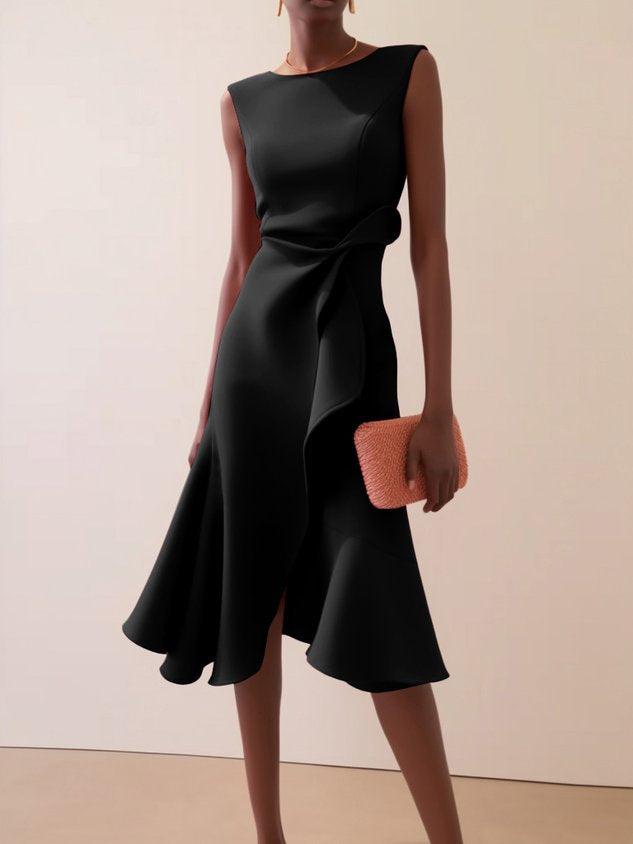 Red Sleeveless Midi Elegant A-line Dress with Waist Twist for Day-to-Night