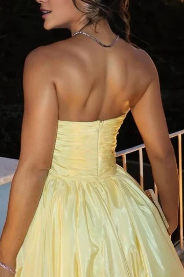 Fashion Strapless Yellow Satin Pleated A-Line Long Wedding Guest Dress Evening Dress - View 3 | FashionDia