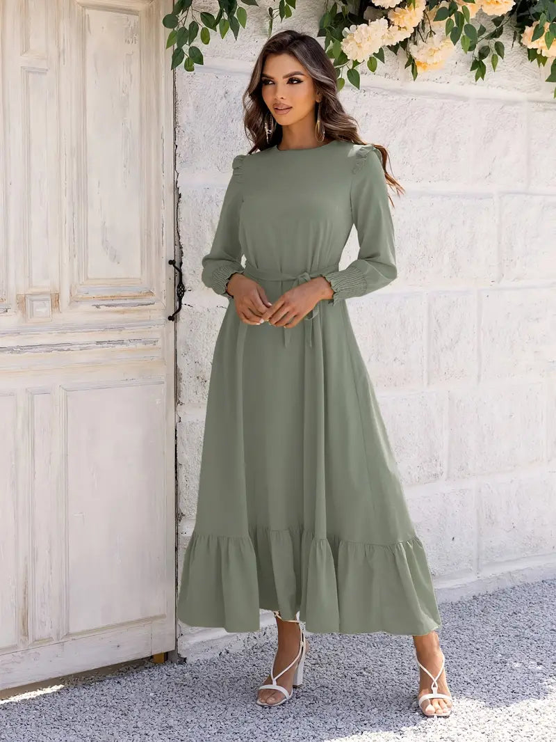 Elvia Minimalist Women's Belted and Flounced Maxi Dress Designer Edit