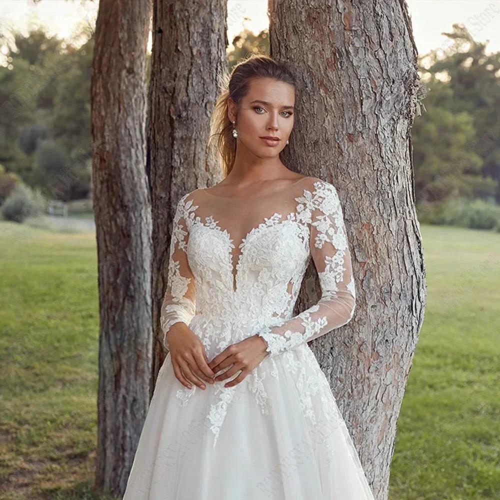Pastrol Wedding Dresses For Woman Long Sleeves Illusion Back Scoop Bride Gowns Applique A-Line Tulle vestidos de novia (ZD13331)