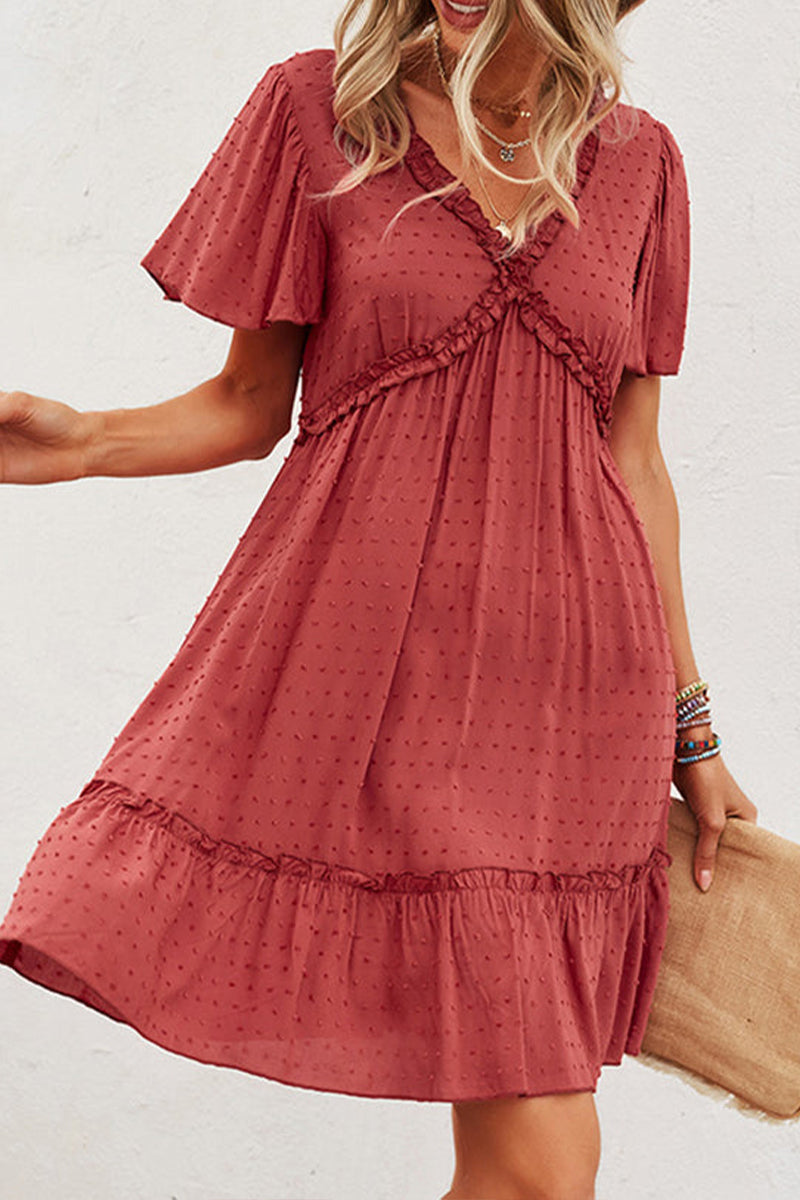 Solid color V Neck High Waist Casual Dress - Fashionpara