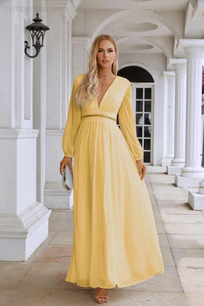 Ladies V Neck Chiffon Long Sleeve Front Slit Bridesmaid Evening Dress Wedding Party Shopping Evening Dress 28109 (ZD16991)
