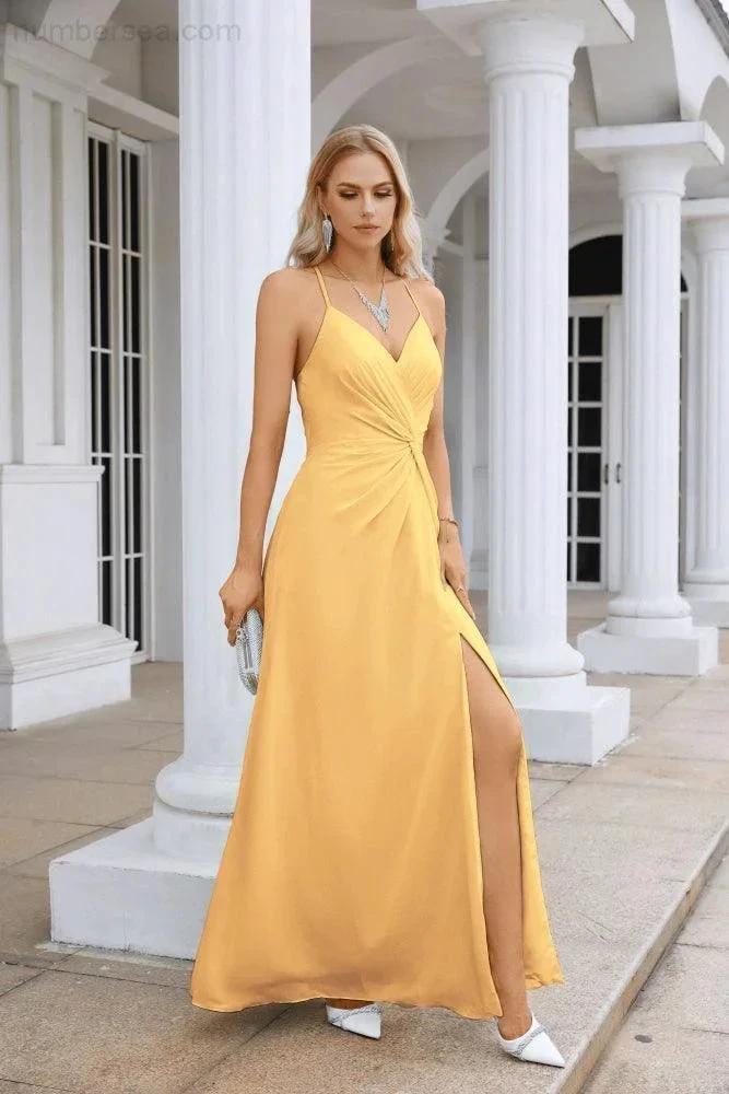 Ladies Chiffon Spaghetti Strap V Neck Front Slit Floor Length Bridesmaid Evening Dress Prom Party Wedding Evening Dress 28116 (ZD17012)