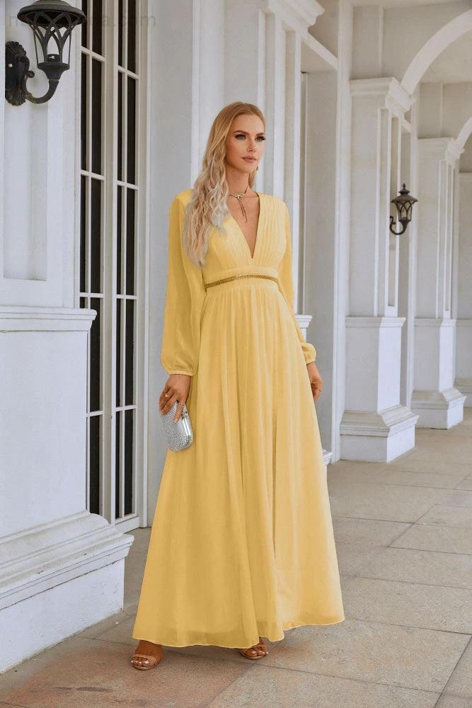Ladies V Neck Chiffon Long Sleeve Front Slit Bridesmaid Evening Dress Wedding Party Shopping Evening Dress 28109 (ZD16991)