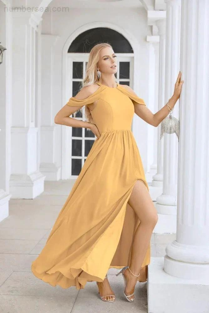 Ladies Chiffon Off Shoulder Swing Sleeve Front Slit Bridesmaid Evening Dress Wedding Party Evening Dress 28117 (ZD17011)