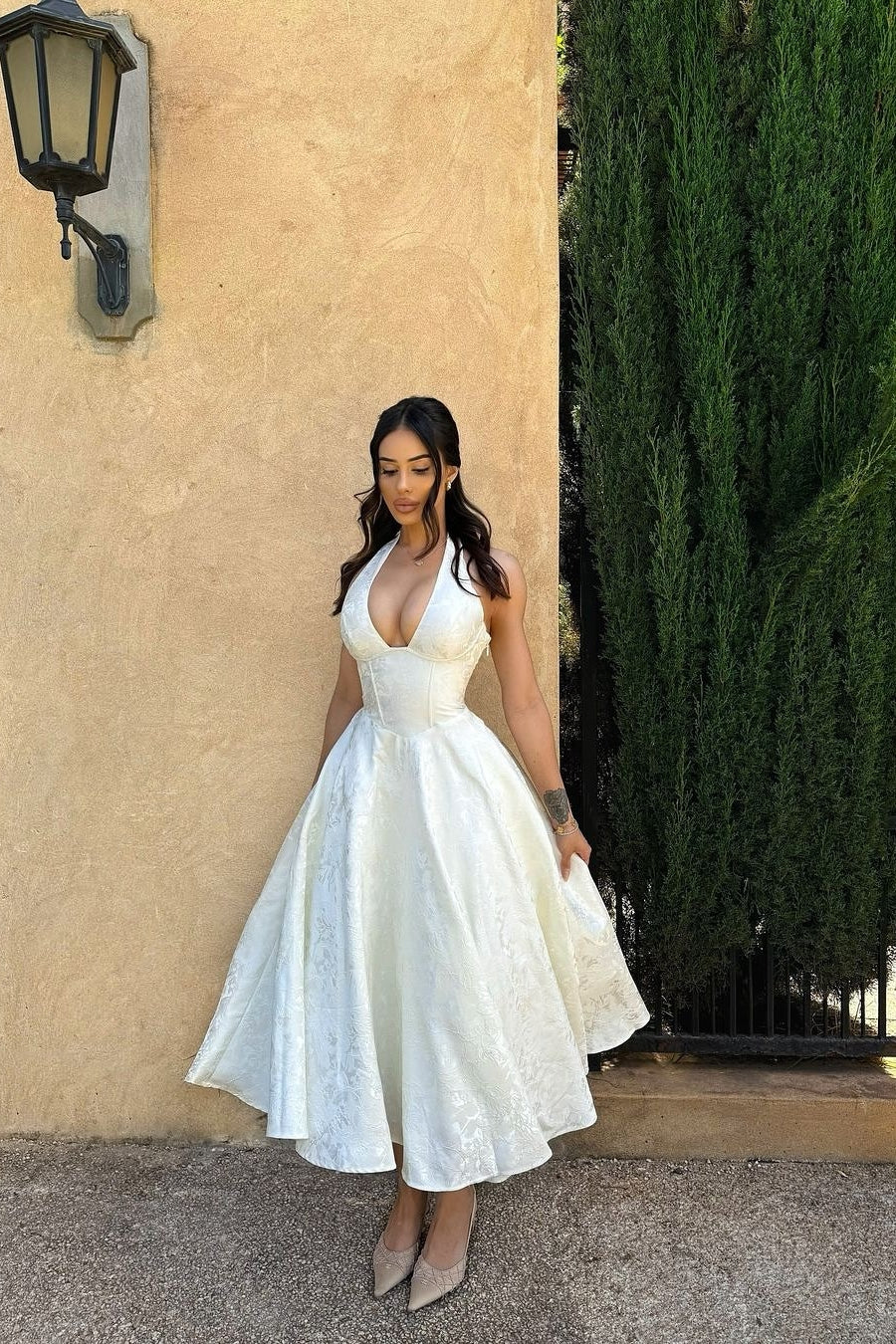 Simple A Line V Neck White Tea Length Party Dress with Corset