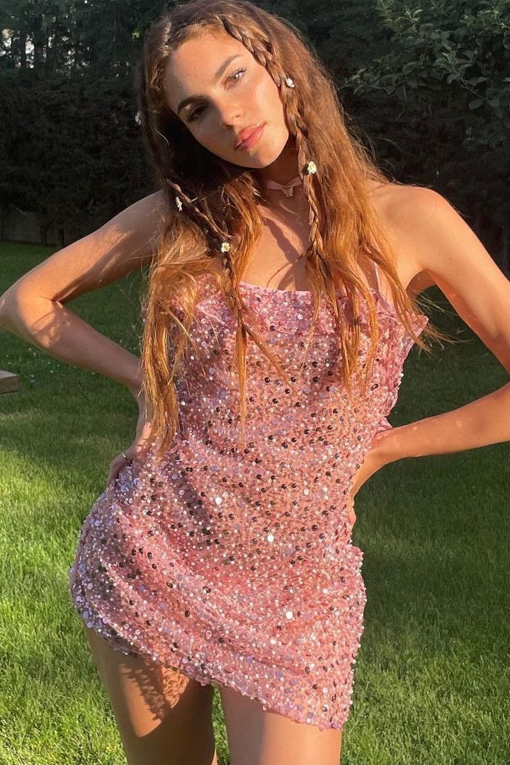 Spaghetti Strap Sequin Bodycon Mini Sequin Dress - View 2 | VelvetHem