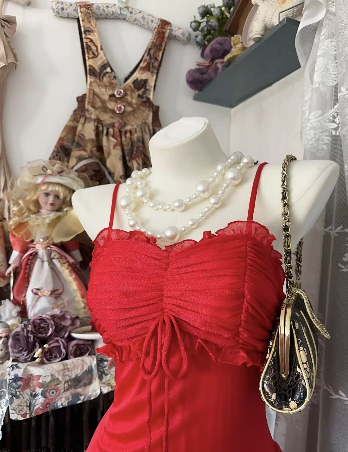 Spaghetti Straps Red Mermaid Long Prom Dress Ruffle Vintage Evening Dress