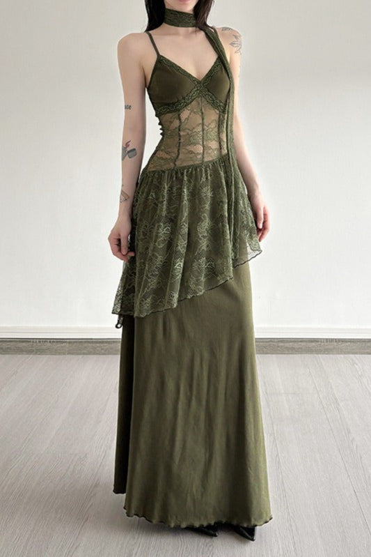 Lace Trim Sheer Waist Tie Cami Maxi Lace Dress - VelvetHem