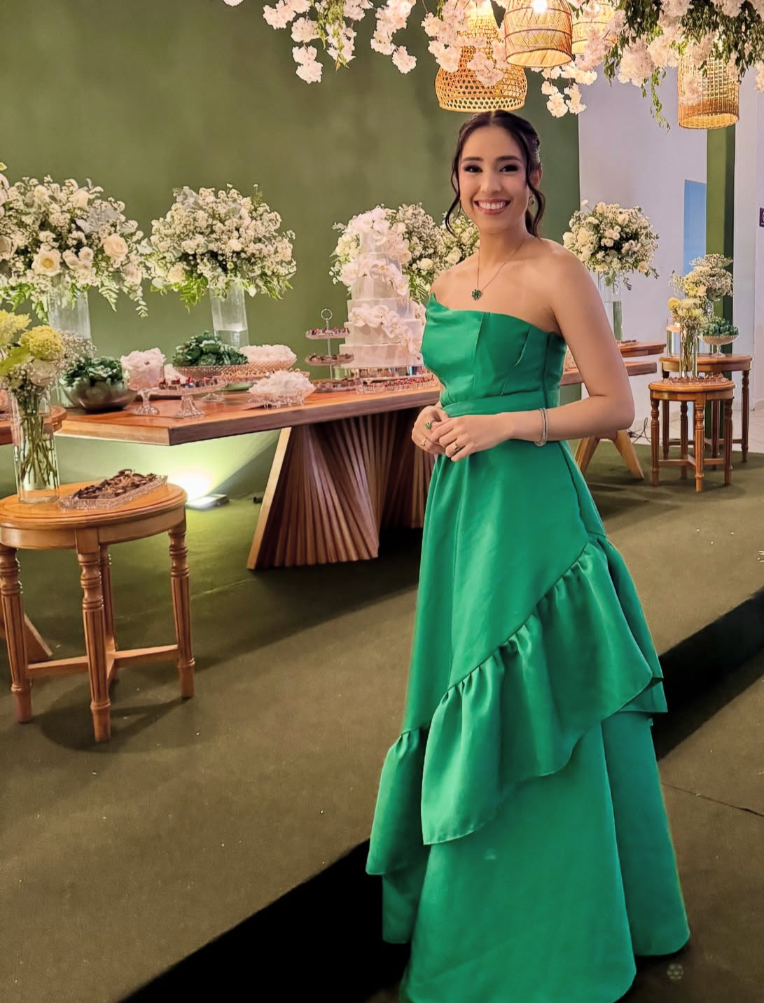 Strapless A-Line Green Ruffle Prom Dress Satin Wedding Guest Dress