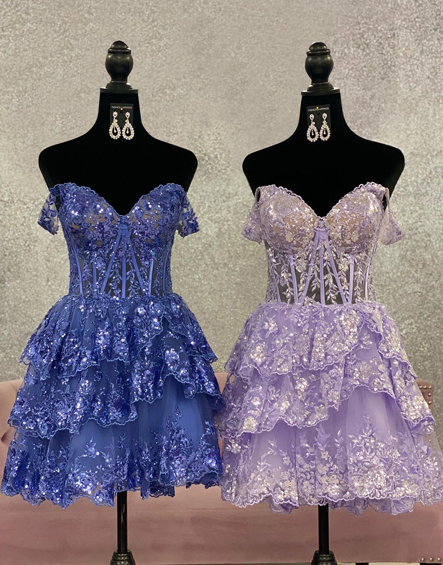 Cute A-Line Tiered Short Homecoming Dress With Appliques