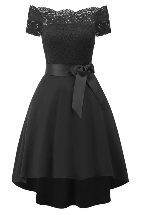 Burgundy Lace Off Shoulder High Low Prom Dress - Fashionpara