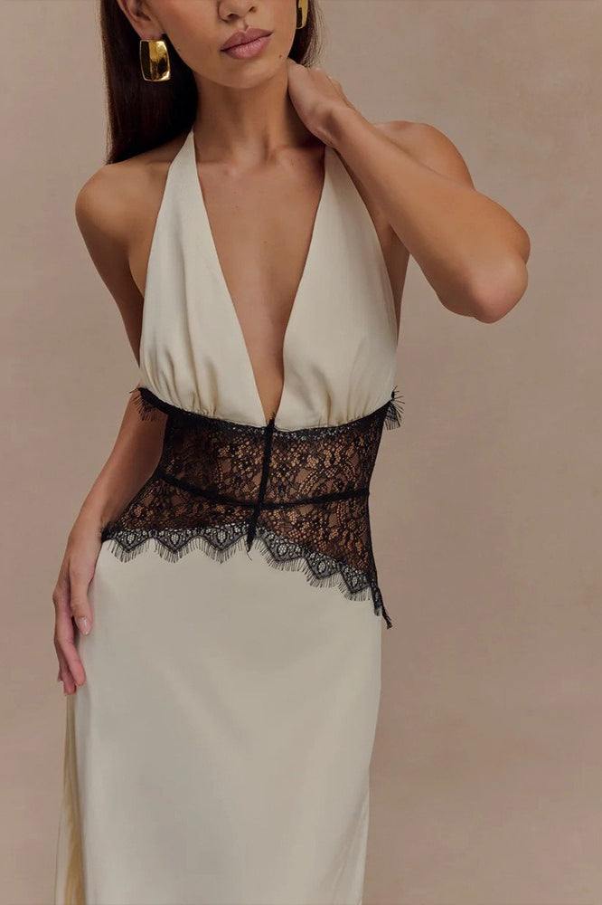Deep V High-Waist Halter Backless Midi Silk Dress - View 3 | VelvetHem