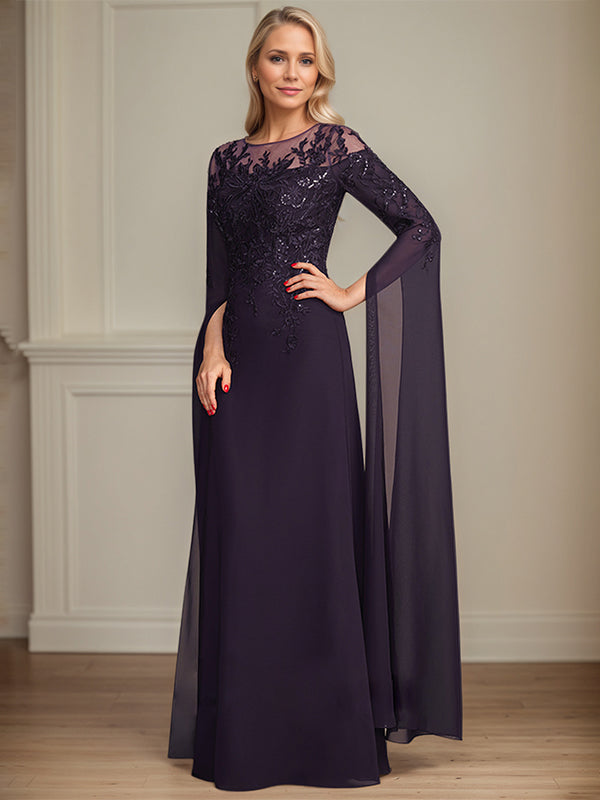 Sheath/Column Scoop 1/2 Sleeve Floor-Length Lace Chiffon Mother of the Bride Dress With Sequins