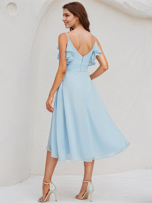 Sky Blue Chiffon A Line V Neck Sleeveless Asymmetrical Bridesmaid Dress