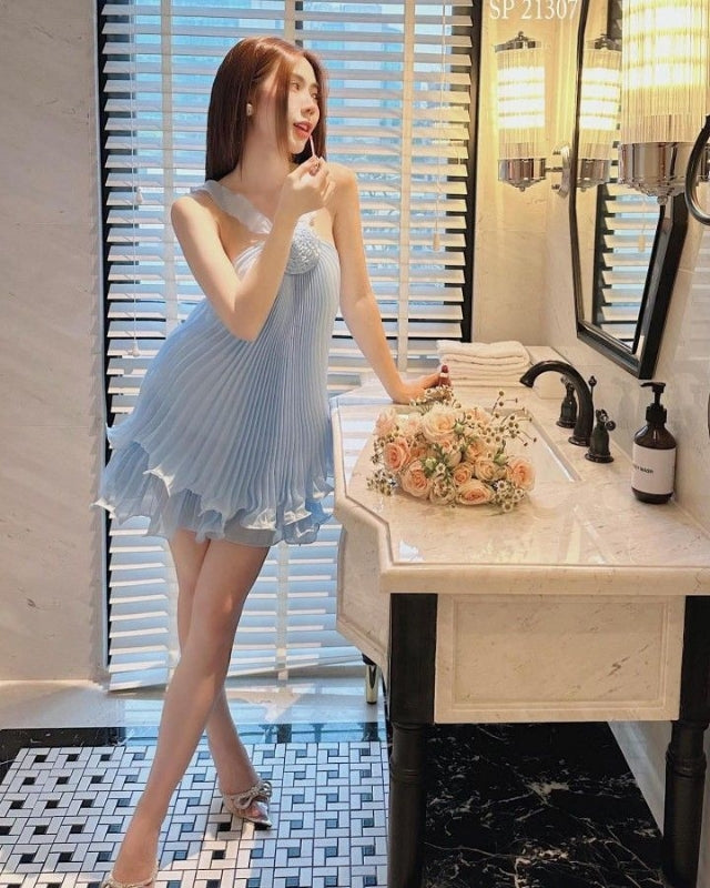 Cute A-Line Halter Baby Blue Pleated Homecoming Dress Birthday Dress